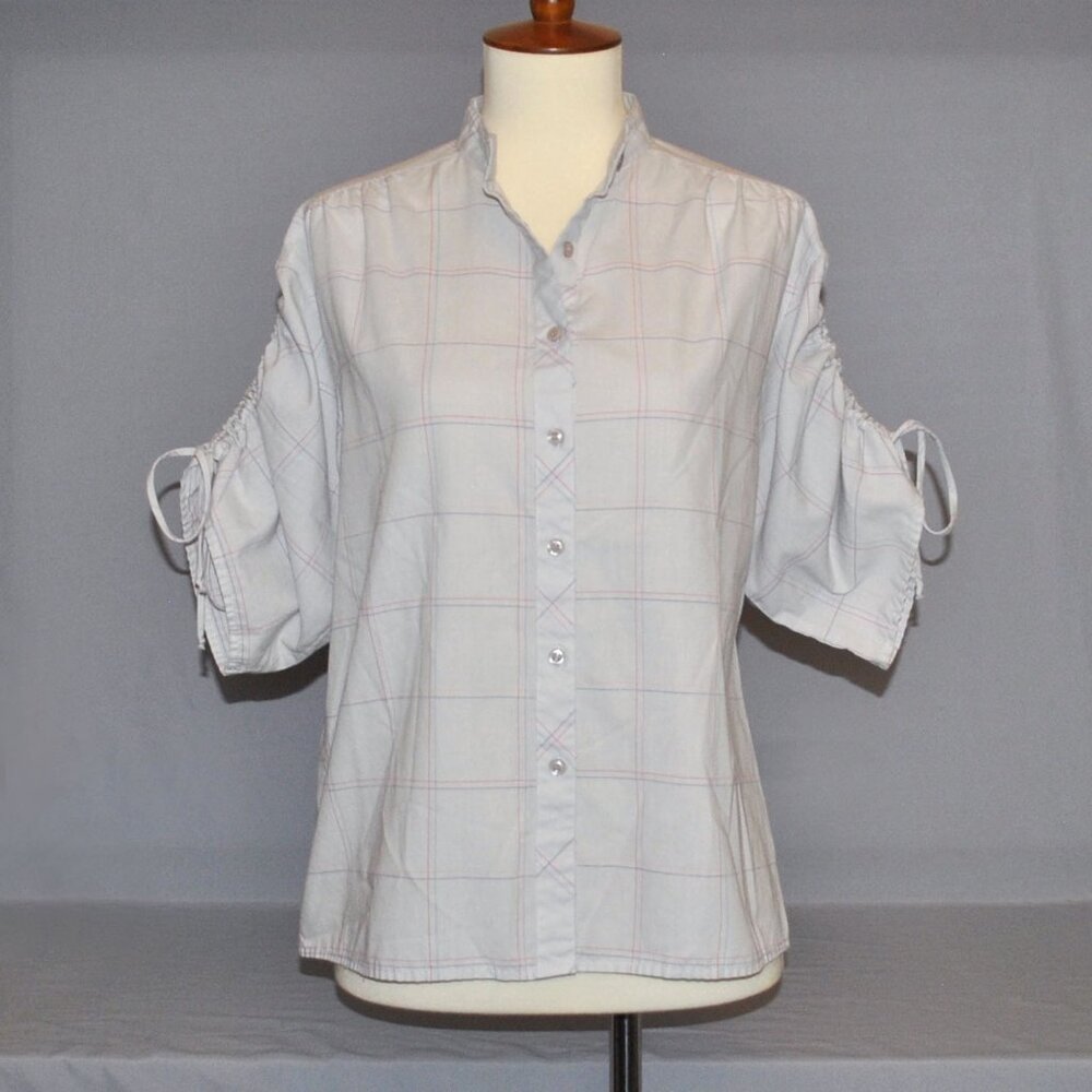 Vintage Ship 'N Shore Plaid Blouse Size Medium Checkered Cinch Tie Sleeve Top